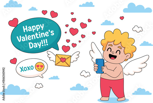 Cute cartoon cupid character holding smartphone sending valentines day love messages online in sky with hearts and speech bubbles festive holiday marketing illustration for social media greeting cards