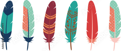Colorful feathers, tribal design, boho style, geometric pattern, decorative art, abstract illustration, ethnic motif, vibrant texture, ornamental detail, nature inspired