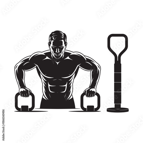 Muscular man performing a dip exercise using parallel bars illustration