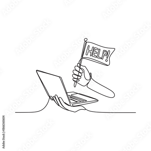 A hand emerging from a laptop holding a help sign illustration