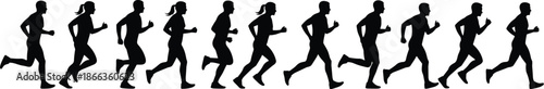 Dynamic, running silhouettes, of men, and women, jogging, in sequence, reminding fitness, training, marathon, exercise, motion, speed, stamina, endurance, illustration