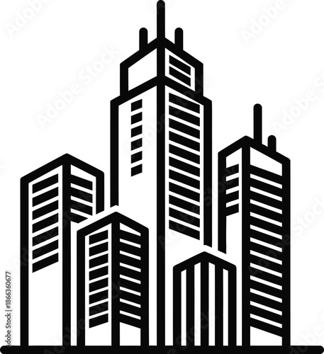 Modern urban skyline featuring a cluster of tall buildings in an abstract outline style