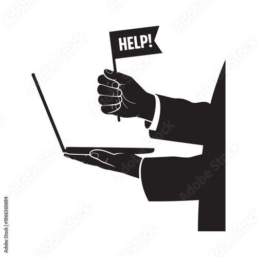 A hand holding a help flag and operating a laptop computer