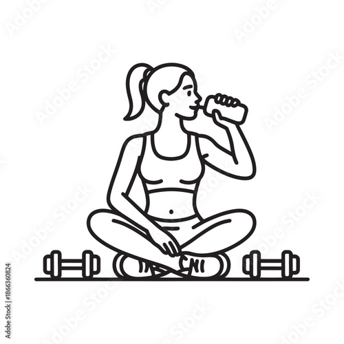Woman hydrating with water bottle after workout near dumbbells illustration