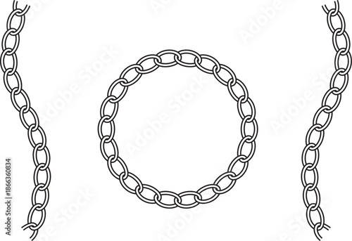 Outline illustration of a circular metal chain and two vertical chain segments on a white background