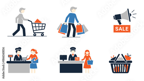 Set of flat design icons depicting various aspects of shopping, including customers with carts and bags, sale announcements, and checkout processes.