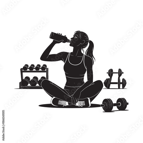 Silhouette of a woman hydrating after exercise in a gym setting