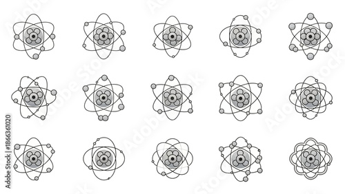 Collection of stylized atomic and molecular structures with orbiting electrons, depicted as intricate line art diagrams on a white background.