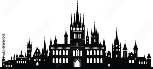 Gothic castle silhouette skyline, medieval fantasy palace architecture, dark fairytale fortress outline, historic European cityscape illustration on white background