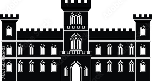 Gothic castle silhouette, medieval architecture, fantasy fortress, symmetrical design, arched windows, battlements, blue outline, historic structure, dramatic skyline, iconic landmark