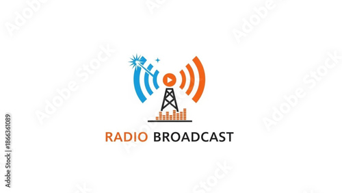 A colorful radio broadcast tower icon with blue and orange waves and a play button on a white background