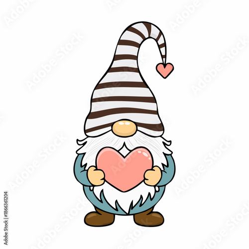 Gnome Holding a Heart: A whimsical illustration presents a charming garden gnome figure holding a pink heart, embodying love and affection in a simple, cheerful design.