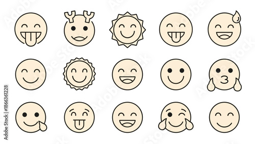 A collection of outlined emoji faces expressing various emotions and playful expressions on a white background, featuring smiles, winks, and tongue-out gestures.