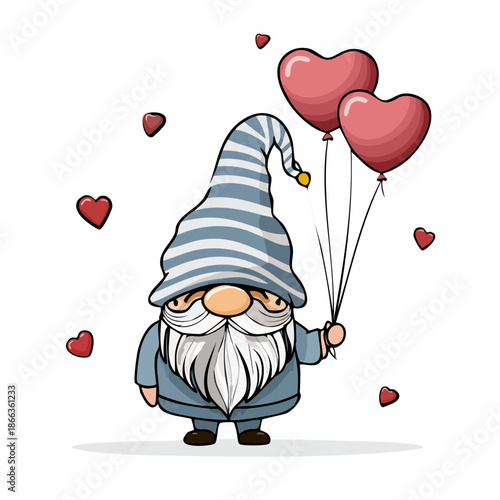 Valentine's Gnome with Hearts Balloons: A whimsical illustration of a charming gnome, complete with a striped hat, holding heart-shaped balloons, spreading a message of love and affection.