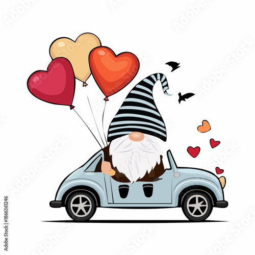 Gnome's Heartfelt Journey: A whimsical gnome embarks on a joyful journey, his car brimming with heart-shaped balloons, symbolizing love and affection.