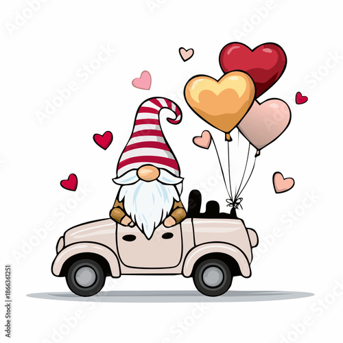Heartfelt Journey: A whimsical gnome embarks on a love-filled adventure, steering a charming car adorned with heart-shaped balloons, spreading cheer and affection.