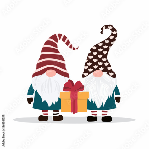 Gnome's Festive Present: Two cheerful gnomes present a holiday gift, their festive attire and jolly expressions creating a heartwarming scene of generosity and cheer.
