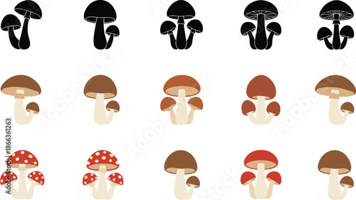 Mushroom icon set, vector illustration collection, cartoon fungi silhouettes, edible mushrooms, toadstool designs, flat style, nature symbols, isolated graphics
