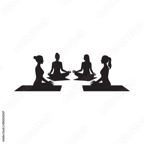 Silhouettes of four women practicing yoga in a meditative circle