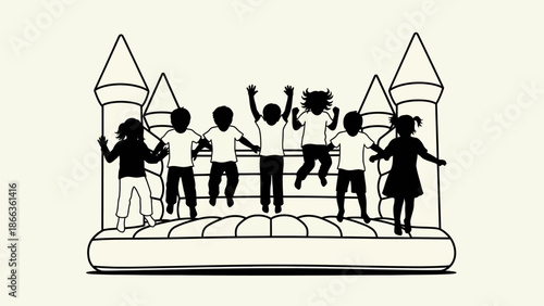 Line art illustration of children having fun jumping on an inflatable bouncy castle at a party or event.