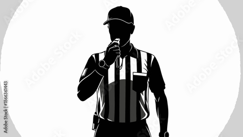 Silhouette of a sports referee or umpire in a striped uniform and cap, blowing a whistle, depicted in a stark black and white graphic style.