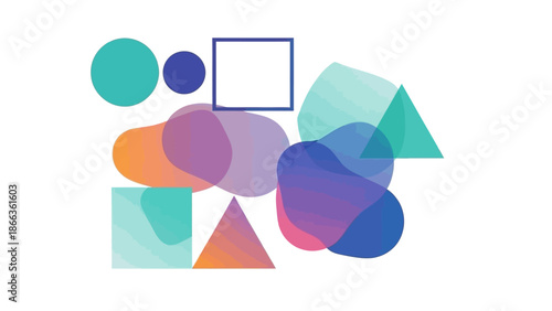 Abstract composition of overlapping colorful geometric and organic shapes with transparency on a white background.