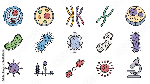 Collection of colorful microbiology icons depicting cells, bacteria, viruses, chromosomes, and a microscope for scientific illustration.