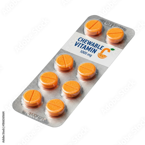 Orange chewable vitamin C tablets in blister pack supplement