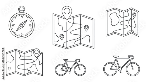 Outline icons of travel and navigation elements including compass, maps with pins, and bicycles, representing outdoor adventure.