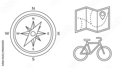 Line art illustration of travel and navigation tools including a compass, a map with a location pin, and a bicycle for outdoor adventures.