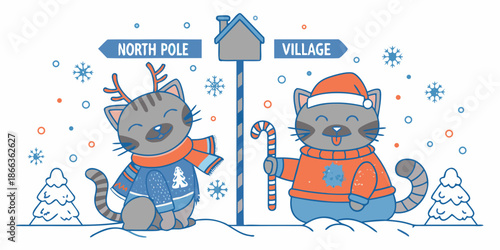 Festive cats near a north pole sign a whimsical winter illustration