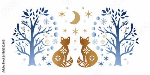 A serene illustration of two foxes beneath a crescent moon and starry trees