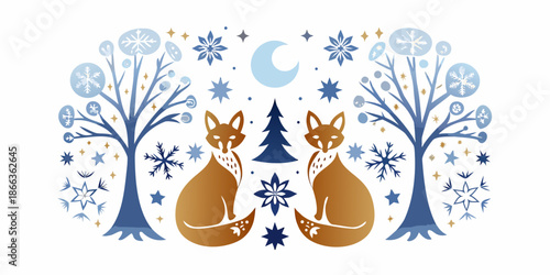 Winter scene with foxes trees crescent moon and snowflakes in blue and orange