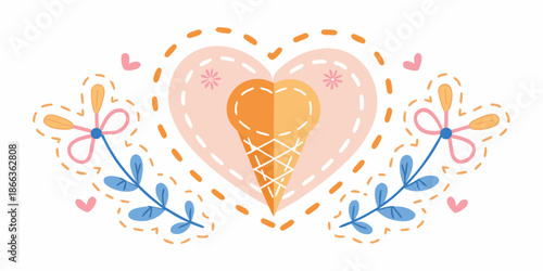 A delightful illustration of an ice cream cone within a heart shaped floral design