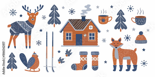 Charming winter scene featuring a cozy cabin deer fox and festive elements