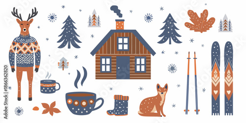 Charming winter scene featuring a cozy cabin deer fox and seasonal elements
