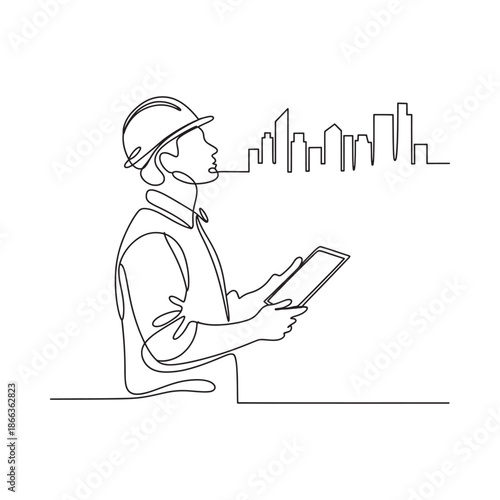 Construction worker viewing city skyline plans on a digital tablet line art