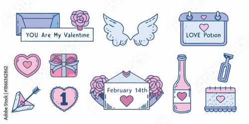 Valentine s day themed illustrations with hearts letters and love potion bottles