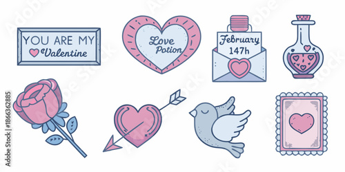 A collection of valentine s day themed illustrations with hearts and love symbols
