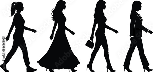 Women fashion evolution silhouettes, female walking stages, modern style transformation, business casual formal wear, elegance confidence progress illustration