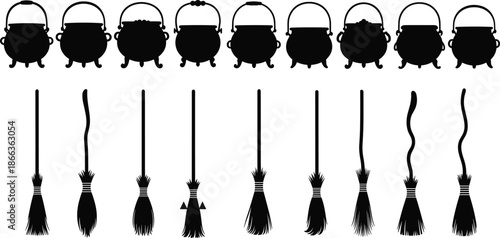 Witchcraft silhouettes, cauldrons and broomsticks collection, Halloween magic tools, spooky black icons, mystical symbols, fantasy elements, vector illustration