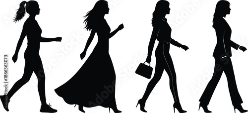 Women walking silhouette evolution, female fashion stages, modern lifestyle progression, elegant poses, black silhouettes, business casual style, confidence movement