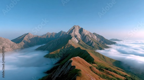 Majestic Mountain Panorama: An awe-inspiring aerial perspective of towering mountain peaks piercing through a sea of clouds, basking under a clear, vibrant sky.