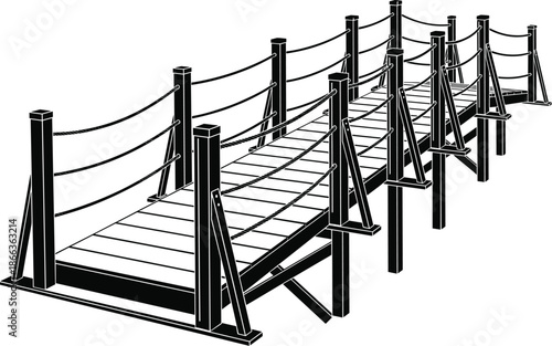 Wooden suspension bridge with rope handrails, elevated walkway, outdoor structure, rustic design, engineering concept, nature crossing, adventure path, scenic view