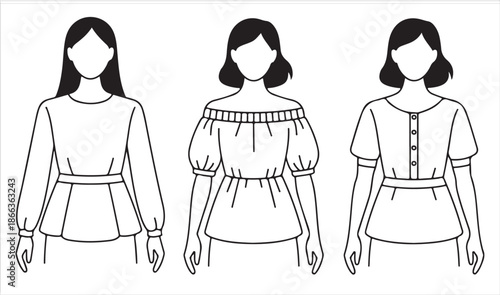 Women Blouse and Top Fashion Outline Designs Illustration Set