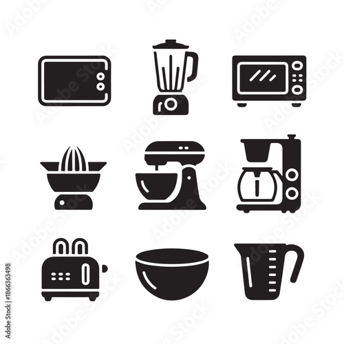 Collection of Kitchen Appliances and Utensils Silhouette Microwave Oven Blender Stand Mixer Juicer Toaster Vector Illustration Cooking