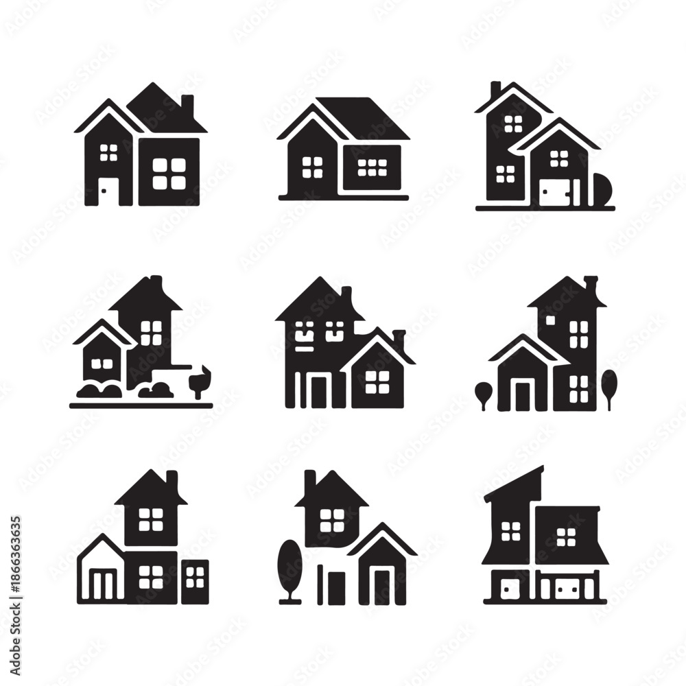 Fototapeta premium Collection of Various Houses or Buildings for Real Estate Vector Illustration Isolated on Transparent Background with Architecture and Residence