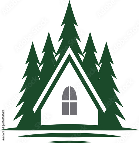 Cozy cabin nestled among tall pine trees in forest