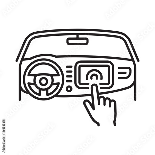 Car dashboard view with a hand interacting with the touchscreen display