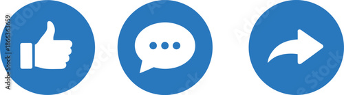 Social media action icon vector set featuring like comment and share buttons in modern blue circular style